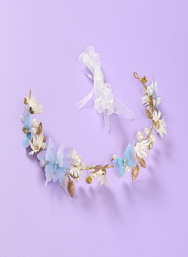 Vividsun Butterfly Headbands Flower Girl Hair Accessory with Pearls Butterfly Tiara for Christmas Birthday Cosplay Headpiece (Blue gold) - Image 3